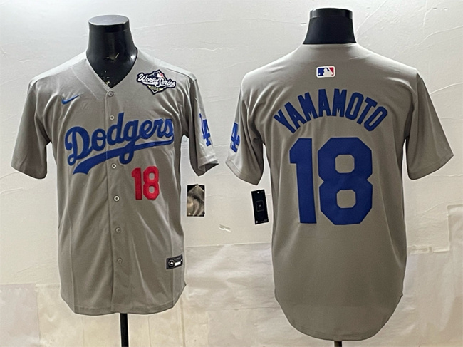 Men's Grey Los Angeles Dodgers #18 Yoshinobu Yamamoto 2025 World Series Patch Limited Stitched Baseball Jersey